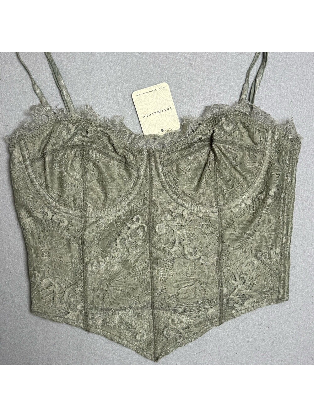 New Free People Corset Crop Top Sz XS Green Lace Bustier Boned Straps Corsentry